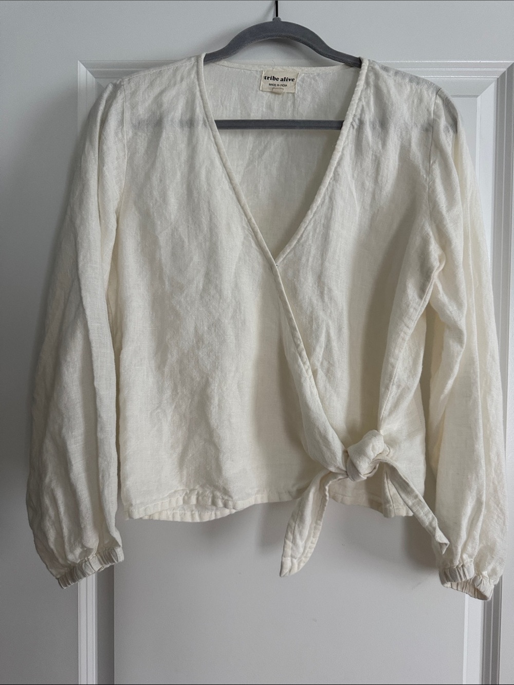 tribe alive Ivory Wrap Tie-Side Long Sleeve Blouse
